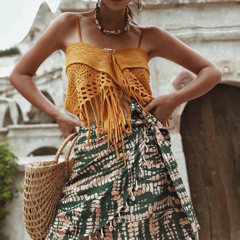 麦叙《玛奇朵》波西米亚度假风多色镂空针织流苏吊带背心女夏短款