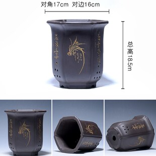 宜兴新款黑色款古典紫砂陶瓷兰花盆君子兰吊兰盆栽抽角六方宫灯