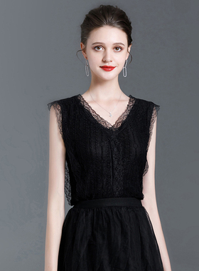 黑色蕾丝上衣女2021年新款背心女夏外穿打底无袖修身v领洋气小衫