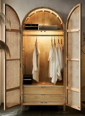 北欧实木藤衣柜UPI收纳柜小橱户编型复古民宿门拱形圆顶平开储物
