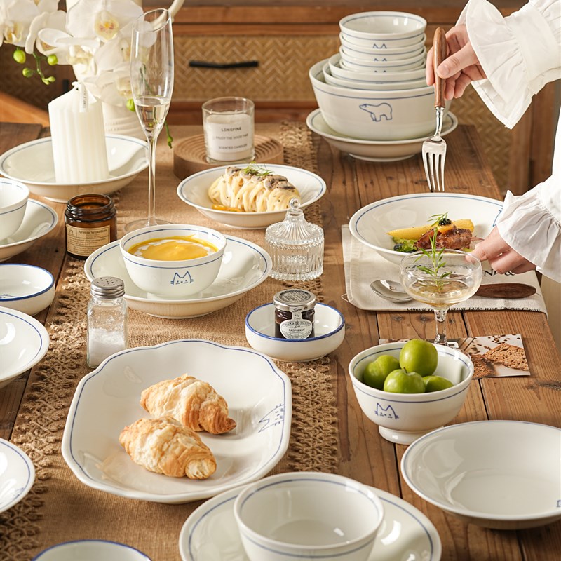 陶瓷盘子菜盘家用2025新款高颜值覆古餐具碗盘筷S套装釉下彩双耳