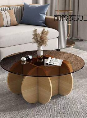 S创意f茶几客厅家用小户现型代轻奢简网约BKV红意式圆形玻璃茶几