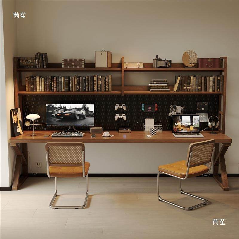 实木桌书桌书架一体子长条人台式电脑桌靠PHP墙卧写室家用双字办