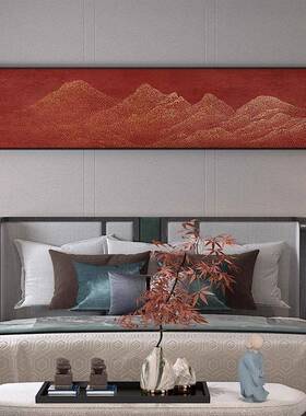新中式横版装饰画画红色抽象极轻奢山XSY水客厅床茶室简卧室头壁
