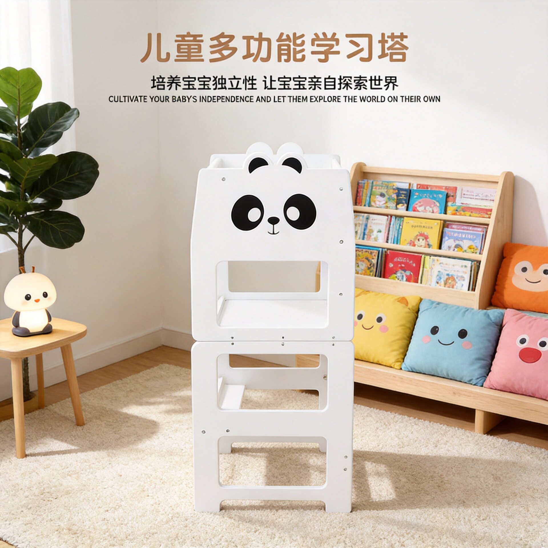 多功能熊猫学习塔E0级环保桦木材可折叠儿童塔阶梯凳萌趣北欧风