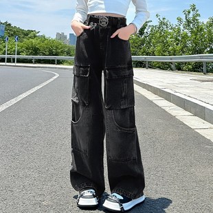 女童裤子春秋外穿2024新款中大童休闲女孩工装阔腿秋季儿童牛仔裤