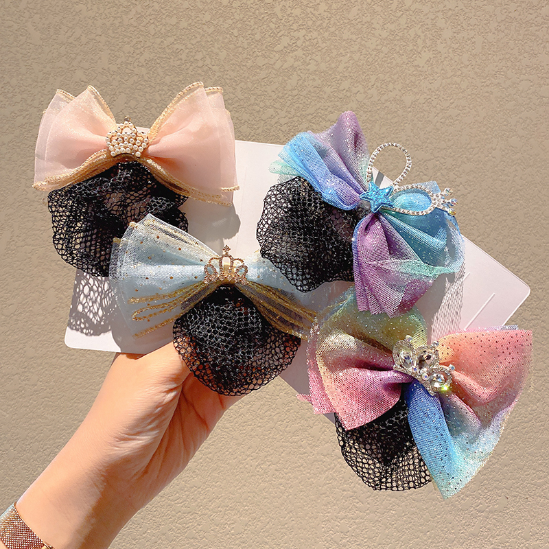 儿童发网女芭蕾舞蹈头花丸子头发套隐形盘头发夹皇冠蝴蝶结网兜套