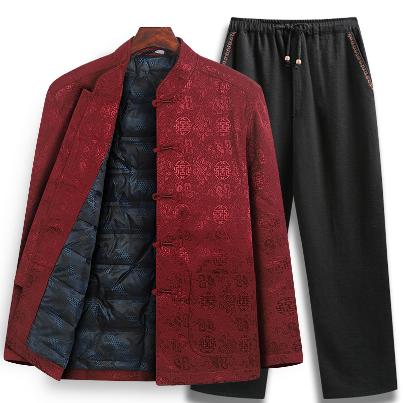 中国风唐装男士中老年羽绒服爸爸冬装外套老人生日过寿星爷爷套装