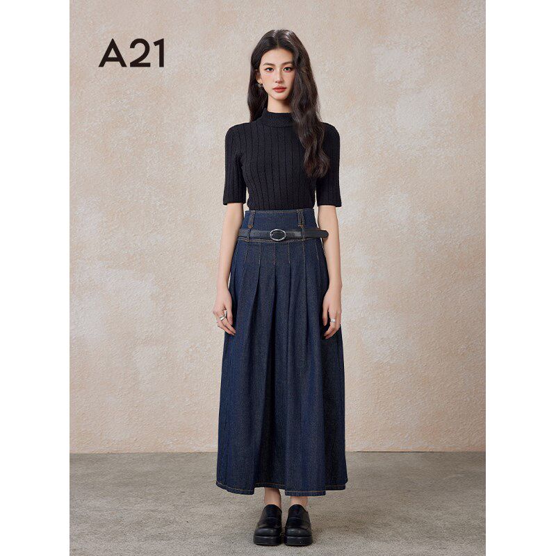 A21女装修身半高领套头短袖线衫夏季新款针织毛衣温柔风百搭上衣