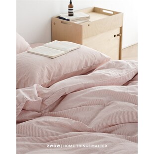 造卧zwow北欧风色织立体泡泡纱条纹全棉少女粉白细条纹床上四件套