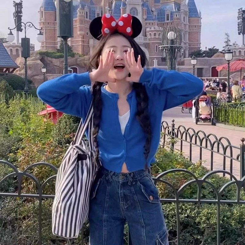 克莱因蓝针织开衫女春秋款百搭叠穿高级感超好看毛衣外套短款上衣