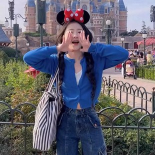 克莱因蓝针织开衫女春秋款百搭叠穿高级感超好看毛衣外套短款上衣