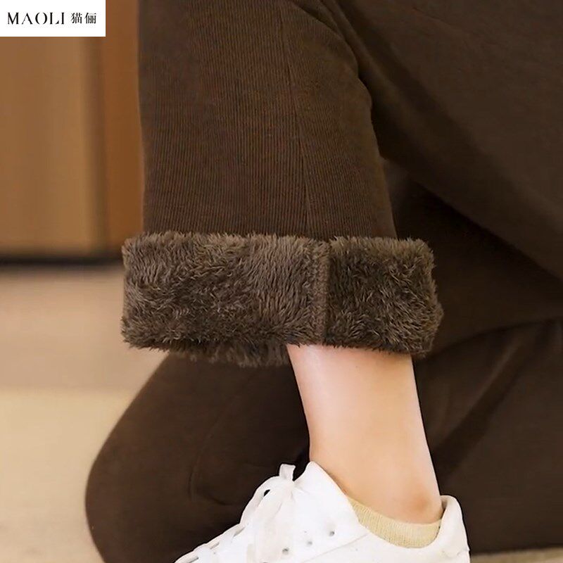 猫俪冬季加绒修身微喇裤2024加厚高腰大码直筒裤喇叭西裤百搭女裤