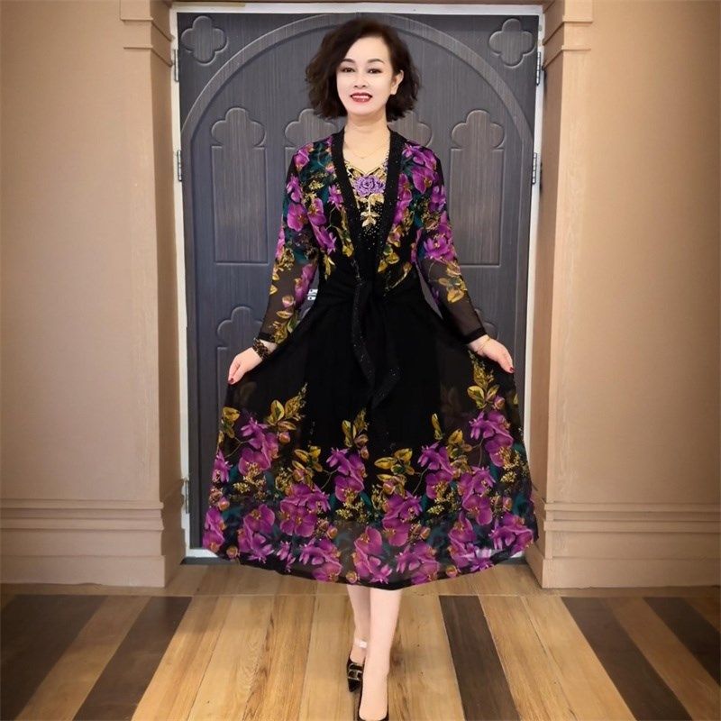 夏季长袖防晒洋气外披+连衣裙妈妈弹力时尚大码大摆长裙两件套装