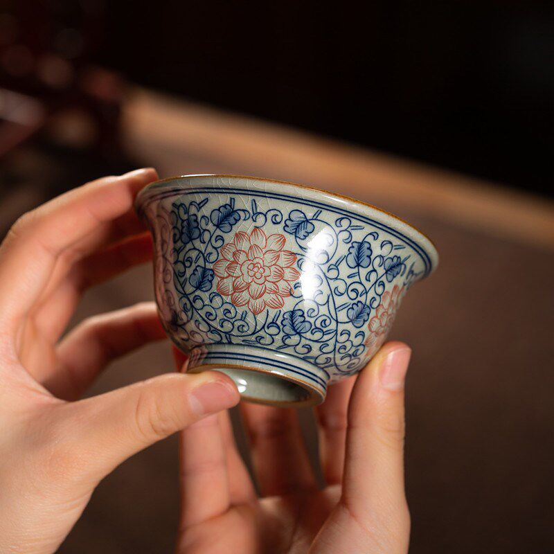 老泥料青花釉下彩主人杯手绘红缠枝莲压手杯景德镇全手工茶杯茶具