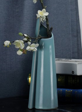 汝窑天青釉中式家居装饰品汝瓷中式简约创意插花器室内摆件升达瓶