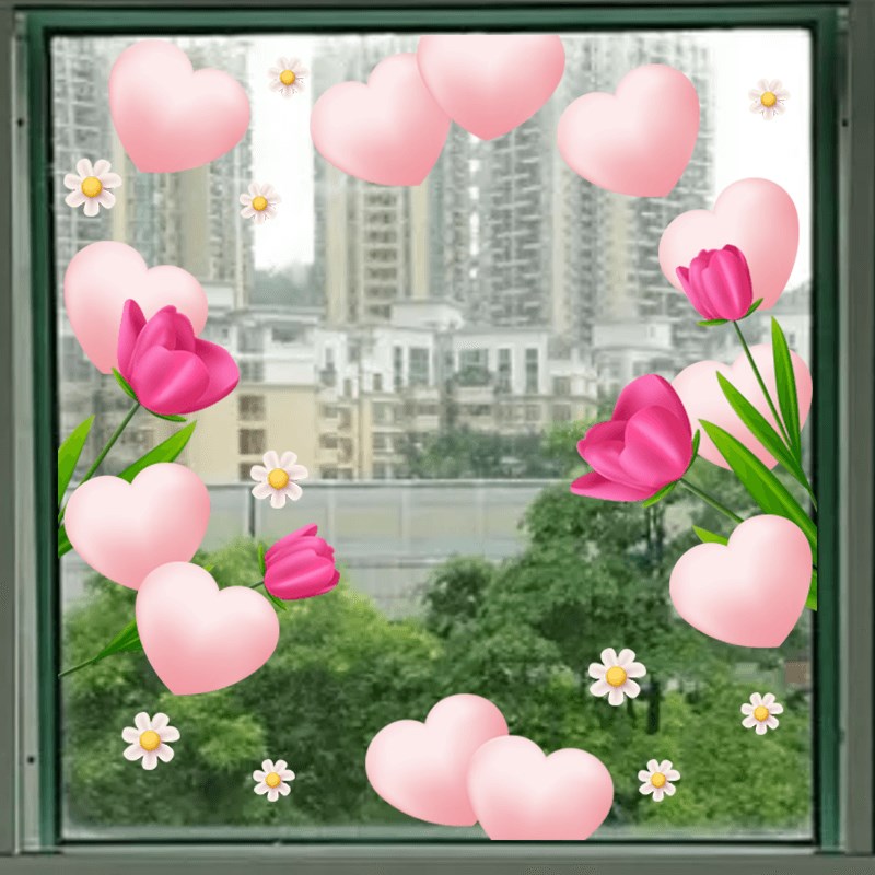 商铺玻璃门窗装饰贴纸自粘UV透明贴画简约浪漫爱心气球郁金香墙贴