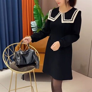 大码法式长袖连衣裙女秋冬新款洋气宽松显瘦海军领中长款打底裙子