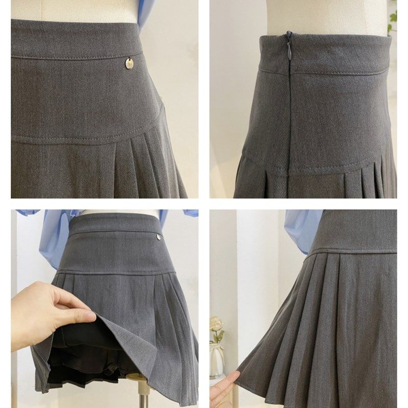 灰色西装百褶裙半身裙女春夏高腰a字短裙显瘦防走光学院风jk裙子