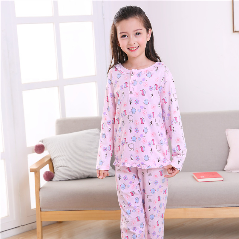 萱泽纯棉女童花边家居服套装睡衣春夏秋季长袖长裤居家空调房