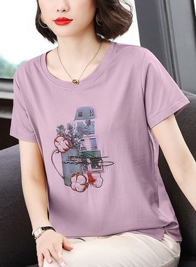 短袖t恤女纯棉宽松夏季女装2024年新款中年妈妈大码显瘦黄色上衣