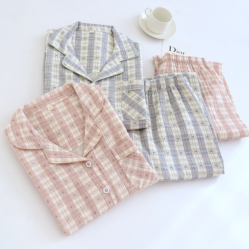 2025春季新款男士纯棉纱布睡衣女家居服套装长袖薄款格子夏季全棉