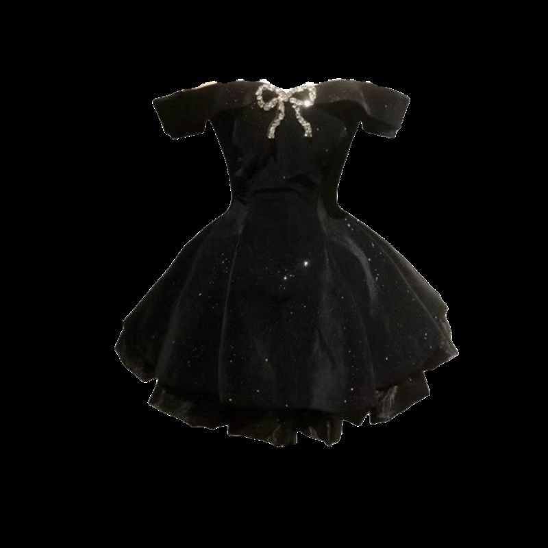 大码胖mm法式千金风高级感细闪蝴蝶结黑色蓬蓬裙女显瘦生日礼服裙