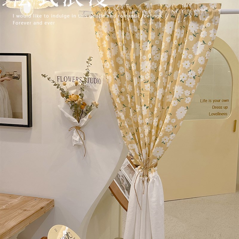 韩式田园美式欧式厨房免打孔短帘小窗帘窗纱帘隔断鹅黄色半帘门帘