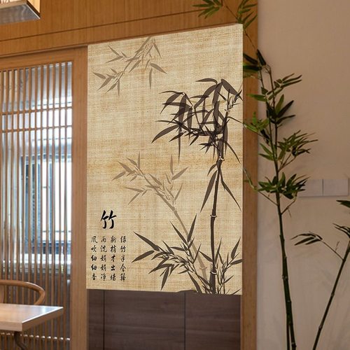 中国风门帘复古禅意隔断帘挂帘客厅家用布帘卧室半截短帘免打孔布