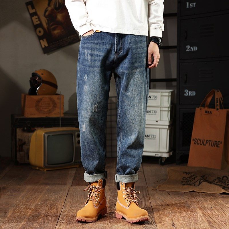 牛仔直筒裤男冬季保暖加绒加厚大码宽松休闲胖子加肥加大高腰裤子