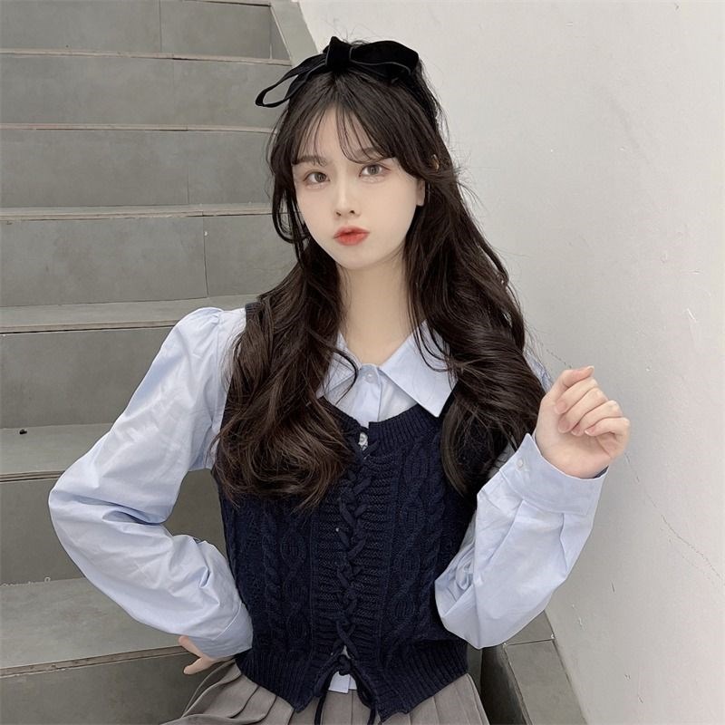 复古麻花毛衣马甲衬衫两件套女秋冬季外搭叠穿针织小背心短款上衣