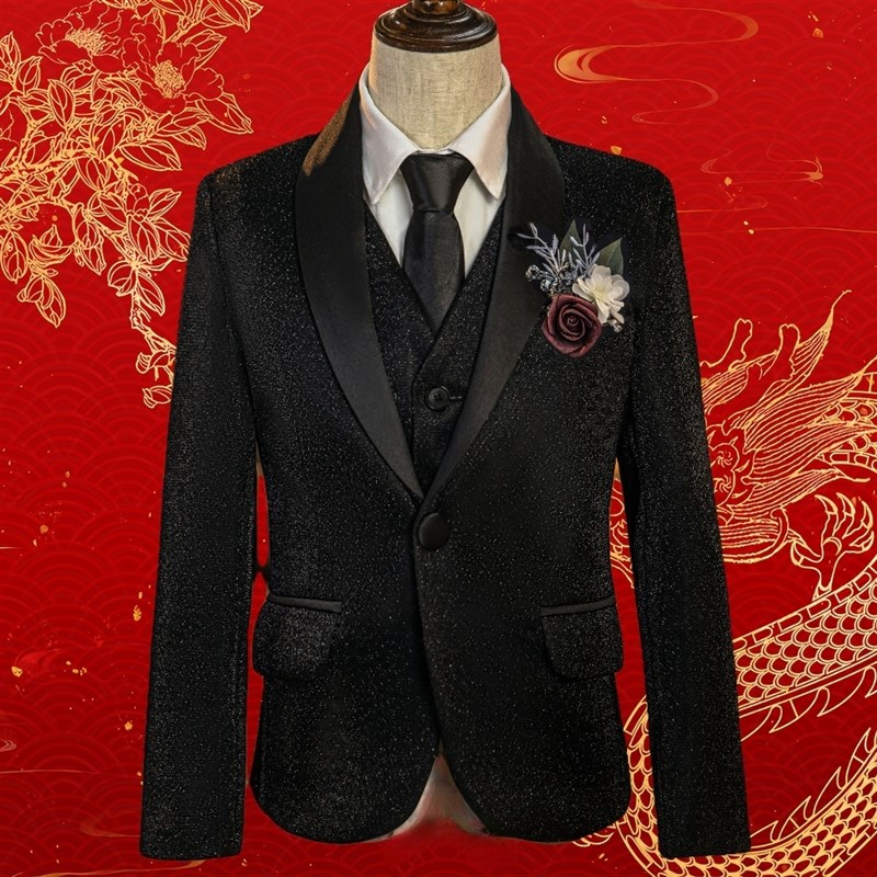 新年儿童红色亮片西装套装男童元旦晚会主持人礼服舞台走秀演出服