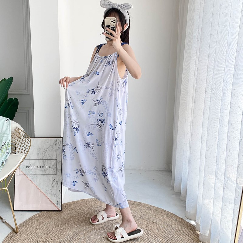 加大码加长吊带绵绸睡裙夏薄款超长宽松孕妇胖mm200斤睡衣连衣裙