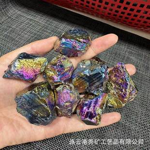 天然黑碧玺电镀七彩原石家居摆件饰品电镀七彩原石碎石