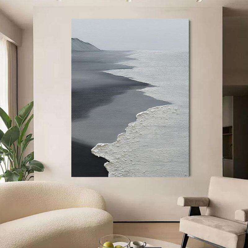 纯手绘油画海滩风景客厅装饰画黑白灰极简玄关挂画海浪肌理画