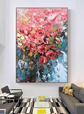 手油画QWE-2302绘简约关装饰画客厅走进门红色挂画玫玄瑰花大廊气