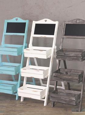 田园风板多肉落黑地花多层置物架摆件软创意服装店幼架儿园装FML2