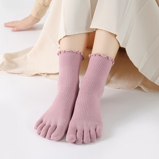秋冬款女士五指袜中筒甜美花边松口不勒脚分五趾袜粉脚指头袜子女