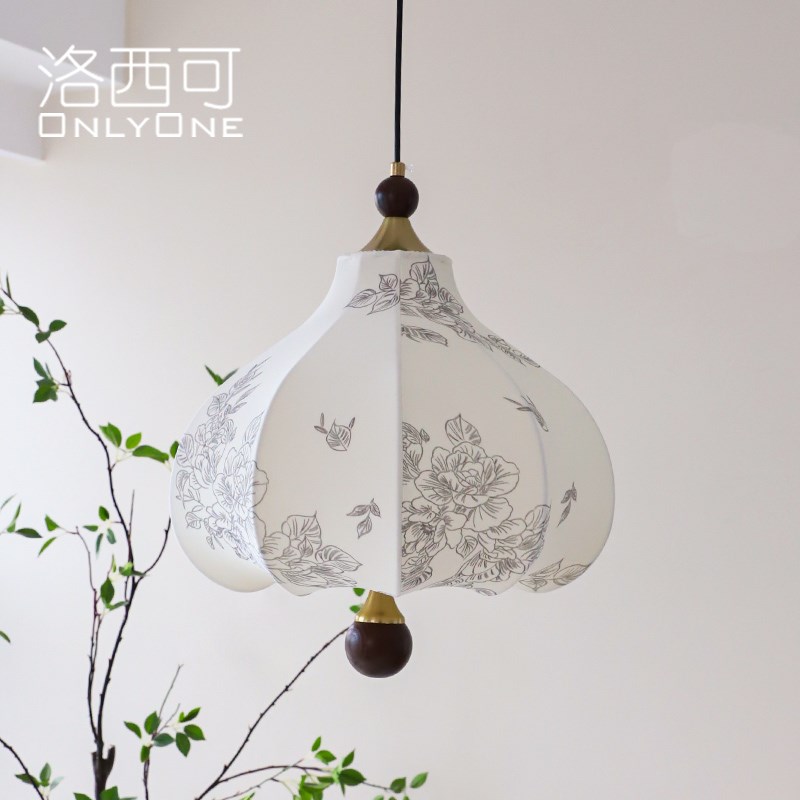 洛西可 复古法式浪漫花卉布艺吊灯 美式实木卧室餐厅儿童房灯具