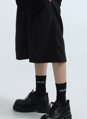 GRNL剪裁利落松紧腰短裤西裤 中性廓形五分中裤 黑/灰/条纹