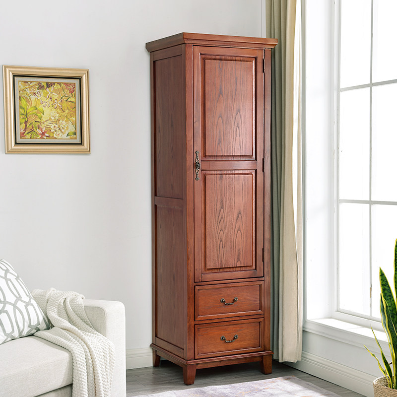 美式全实木衣柜单门衣橱欧式小户型挂衣柜复古储物收纳柜卧室边柜