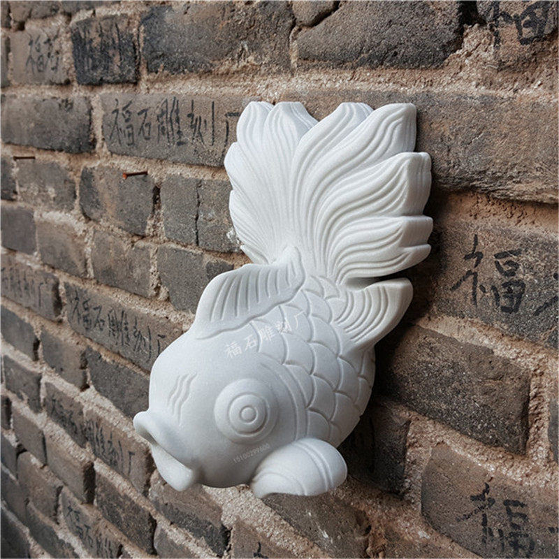石雕喷水鱼墙壁排水口鱼池背景墙出水口石材鲤鱼喷泉庭院壁挂装饰