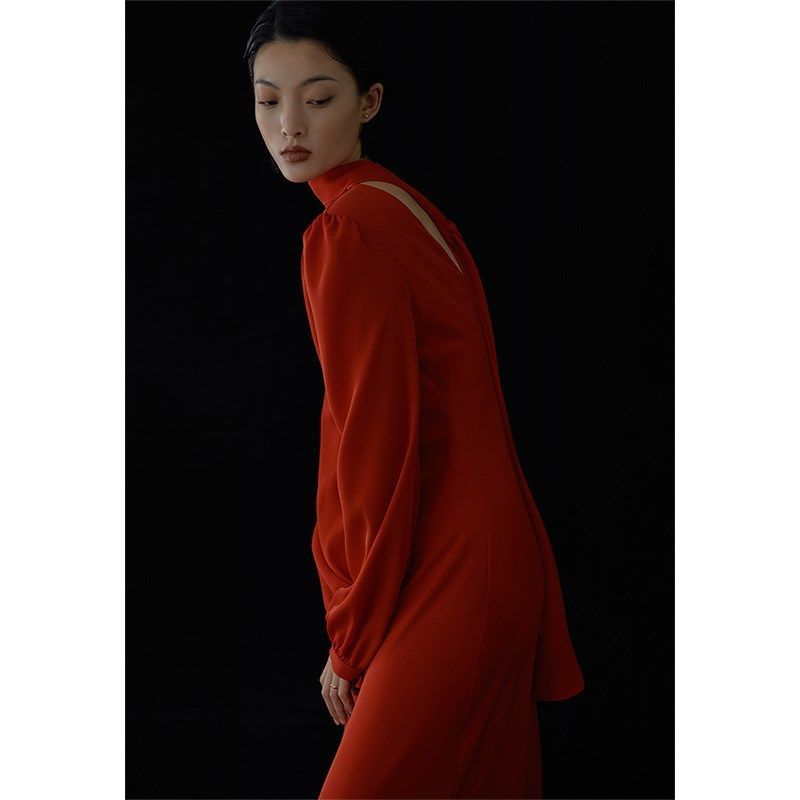 红色敬酒服新娘结婚缎面长袖宴会年会主持显瘦晚礼服裙女平时可穿