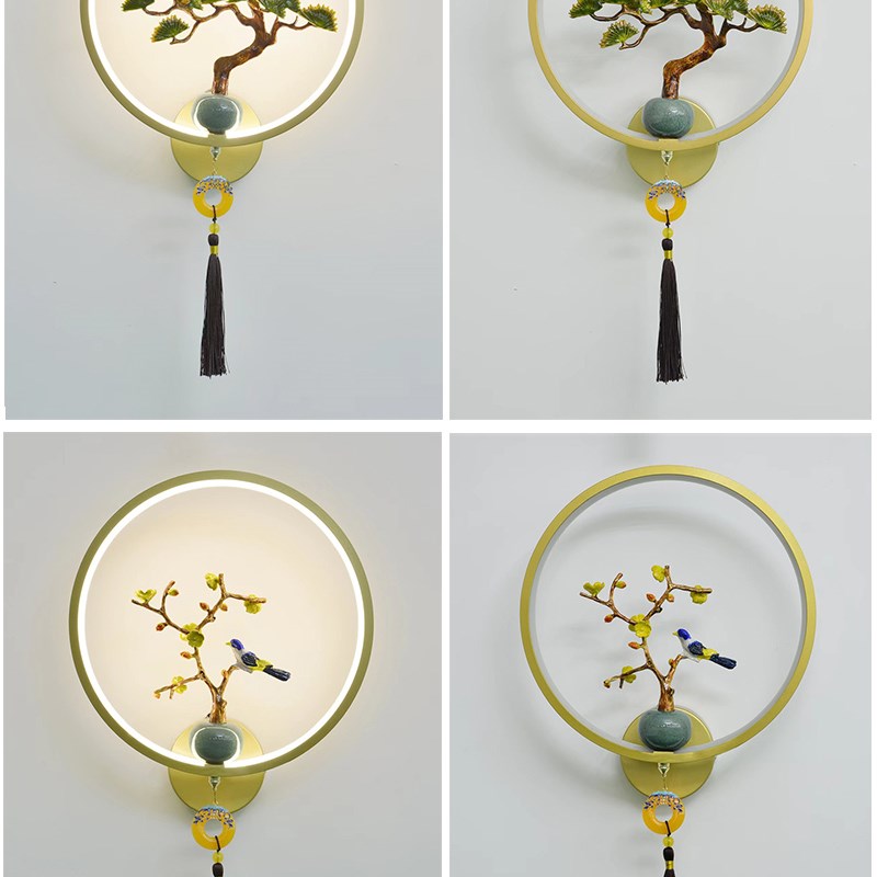 新款金色新中式客厅卧室床头壁灯背景墙电视墙灯茶室过道走廊圆形