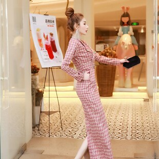 新款收腰长袖西装领时尚格子修身包臀过膝冬天裙子女冬连衣裙少女