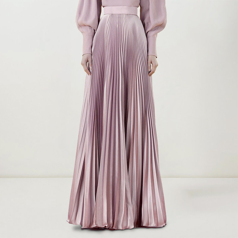 高级感藕粉色连衣裙女长袖修身百褶裙子缎面礼服长裙2024春秋女装