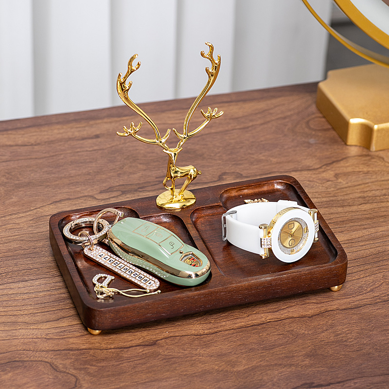 进门口客厅玄关钥匙收纳鹿摆件入户鞋柜桌面置物收纳盒胡桃色实木