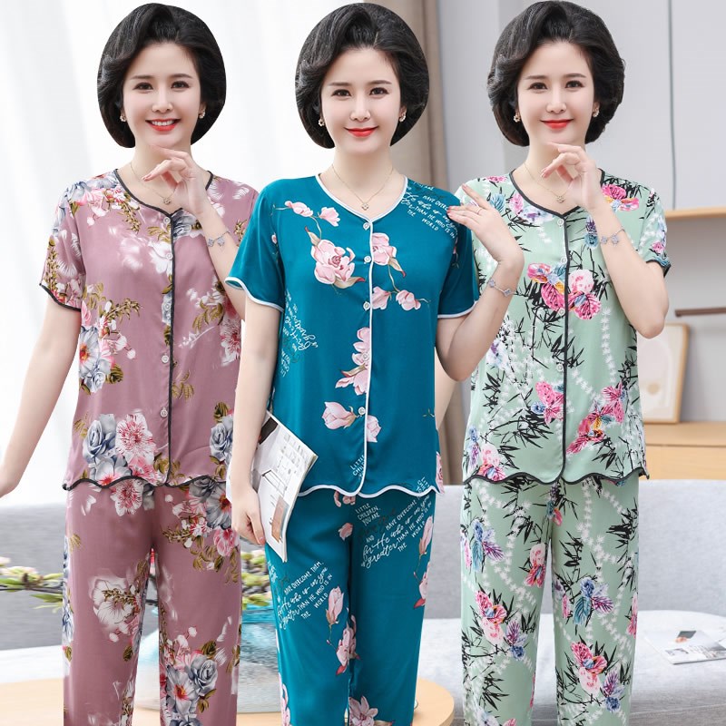 老年人棉绸睡衣女款夏季妈妈宽松家居服开衫短袖薄款大码女装套装