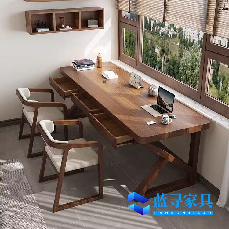 北欧全实木电脑桌双人长条桌带抽屉家用学习桌卧室简约实木办公桌