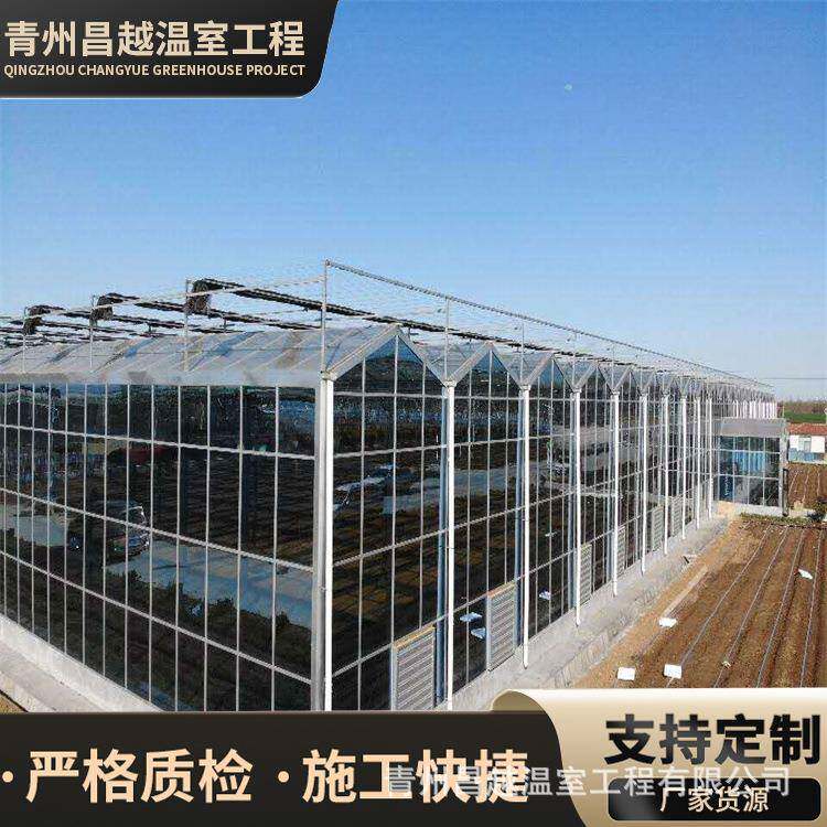 新型玻璃温室热镀锌钢管骨架安装建设施工现场种植草莓蓝莓大棚
